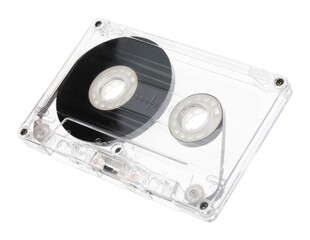 One audio cassette with magnetic tape isolated on white