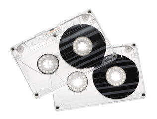 Audio cassettes with magnetic tapes isolated on white