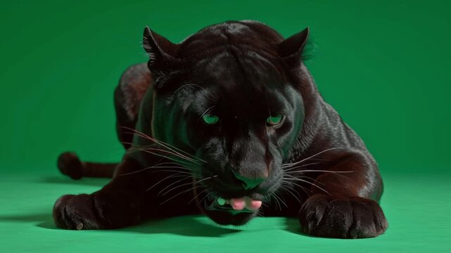 A black panther lies down on a green screen with its mouth open and its eyes looking forward green screen animal video