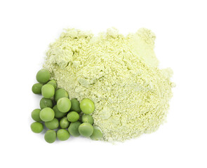 Protein powder and green peas isolated on white