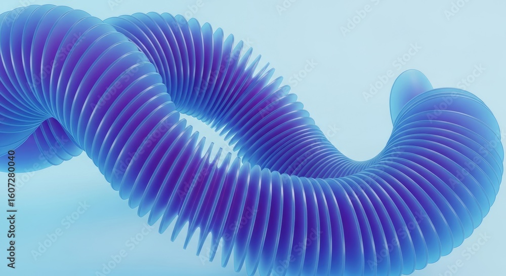 Poster abstract corrugated shape twisting form in blue gradient on light blue backdrop
