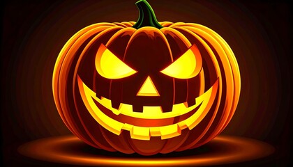 Glowing jack-o'-lantern with menacing eyes and smile in a dark night scenery