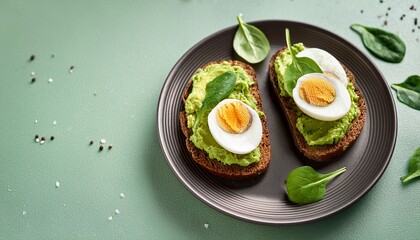 hard boiled egg on avocado toast with freen leaves healthy breakfast or lunsh top view