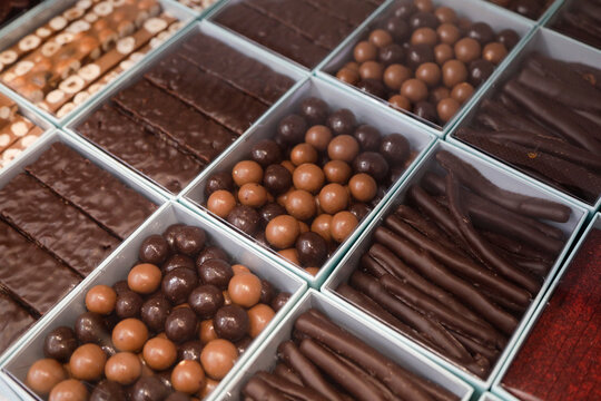 Paris, France, Europe. Display of gourmet chocolates at a local chocolatier