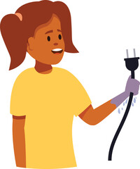 Child electrician wearing protective gloves holding a leaking electrical plug, promoting electrical safety awareness for children