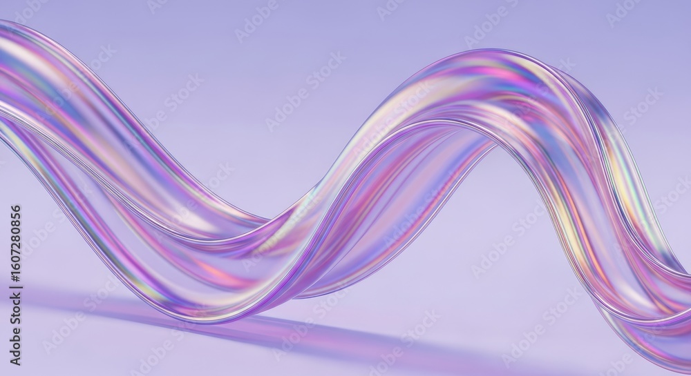 Poster abstract iridescent ribbon flowing on lavender background with subtle lighting and soft shadows