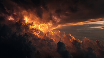 Fototapeta premium Fire in the sky, sun, and forest during sunset with clouds and dramatic light