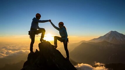 A climber helps their partner reach a mountain summit at sunrise, symbolizing teamwork, support, leadership, and the concept of achieving goals together
