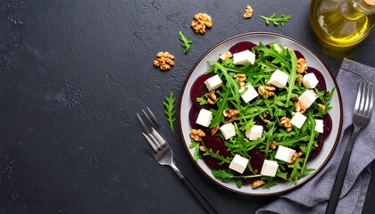 Gourmet beetroot salad with feta cheese and walnuts on a dark textured background featuring