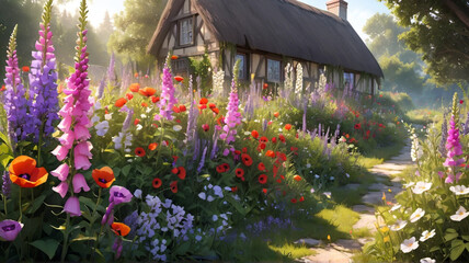 Cottage Garden with Colorful Flowers and Path