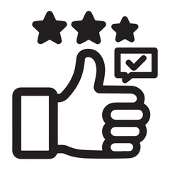 : A simple black and white line art icon of a thumbs up gesture with three stars and a checkmark.