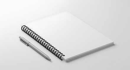 Minimalist mockup of a blank spiral-bound notebook with a silver pen, isolated on a clean white background.