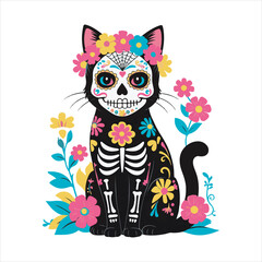 Day of the Dead Cat Illustration in Sugar Skull Style,Colorful Mexican Cat Art with Floral Decorations,Sugar Skull Black Cat Vector for Day of the Dead,Decorative Cat in Mexican Folk Art Style