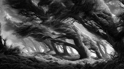A forest howling with wind, trees bending like tortured souls