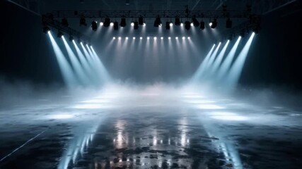 An empty stage dramatically illuminated by powerful blue spotlights shining through smoke onto a wet, reflective floor, creating an epic background for a performance or major event