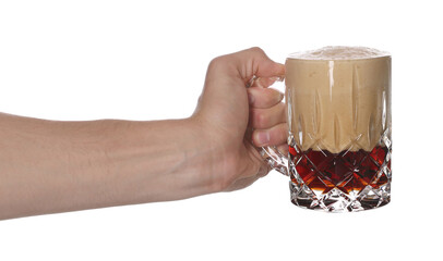 Man with glass mug of tasty beer on white background, closeup
