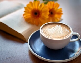caffee latte with flower and book morning concept
