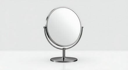 Fototapeta premium A modern round tabletop mirror with a chrome stand, isolated on a clean white background. Blank reflective surface for beauty concepts.