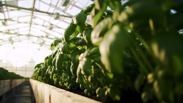 Basil Plants in Greenhouse Rich Green Leaves and Sustainable Agriculture with Natural Light Under Glass Roof
