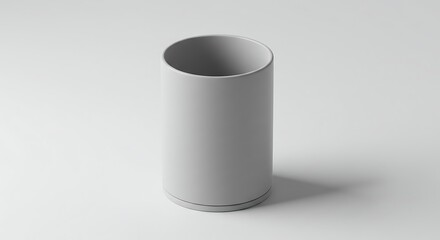 Minimalist grey cylindrical container mockup isolated on a white background. 3D render of a blank can for product packaging.