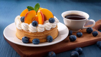 cake with whipped cream and fresh fruits peaches and blueberries and coffe