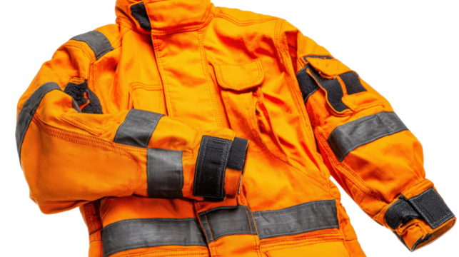 Firefighting suit with reinforced elbow patches background isolated on a Transparent background, PNG file.