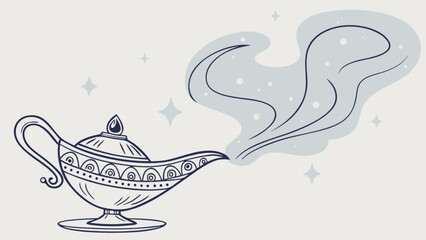 Illustration of a genie lamp with smoke and stars on a light background in a cartoonish style