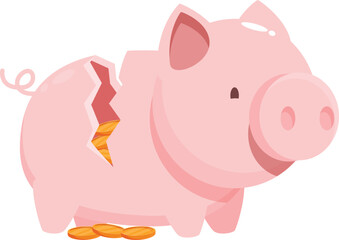 Pink piggy bank broken with coins falling out, illustrating financial loss, savings depletion, and economic hardship
