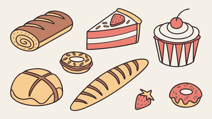 Vector hand drawn bakery and pastry icons set
