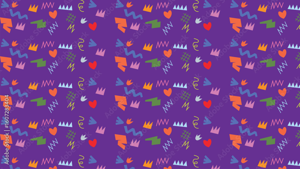 Poster seamless geometric pattern with playful confetti elements on purple background a repetitive design f