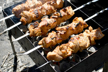 Grilled meat skewers on barbecue