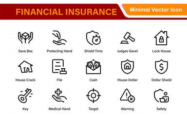 Financial insurance icon collection – thin line editable stroke set. Essential symbols for Car, Life, Medical, Property, Travel, and Financial insurance. Clean, modern design.