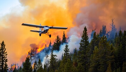 closeup shot of a plane flying above the forest in fire in canada