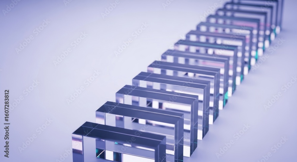 Poster elegant row of transparent acrylic cubes on soft blue gradient background studio shot