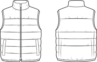 CAD drawing flat vector illustration of sleeveless padded puffer vest front and back view, winter outerwear fashion technical sketch
