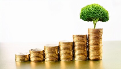isolated gold coins stack and plant grows