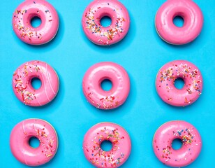 Top view of pink frosted donuts with colorful sprinkles on vibrant blue background, playful and sweet dessert concept.
