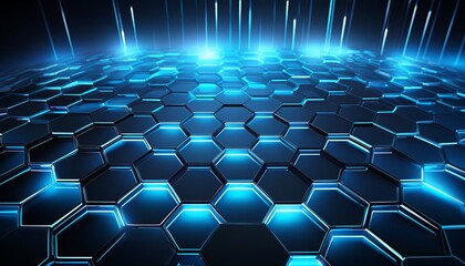 futuristic dark hexagonal grid with blue glowing highlights
