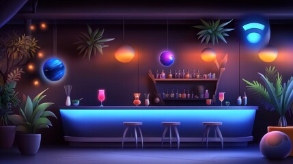 Futuristic Bar Interior with Colorful Drinks and Neon Lighting