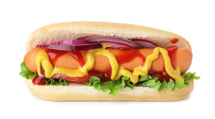 Tasty hot dog with tomato, onion, lettuce, ketchup and mustard isolated on white