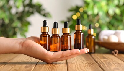 Hand presenting amber bottles with droppers against botanical backdrop evoking wellness