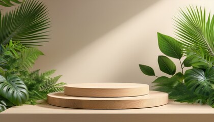 light beige wooden podiums surrounded by lush green plants