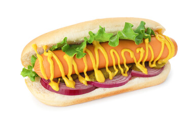 Tasty hot dog with pickles, lettuce, onion and mustard isolated on white