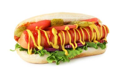 Tasty hot dog with tomato, pickles, lettuce, onion, ketchup and mustard isolated on white