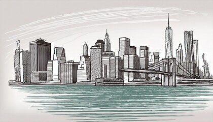 brooklyn bridge sketch with new york city skyline