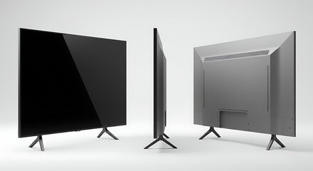 Minimalist television mockup with a blank black screen. Front, side, and rear views of a modern electronic display for home entertainment.