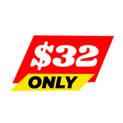 $32 only png, red colour price tag, sale design png, minimal badge shape