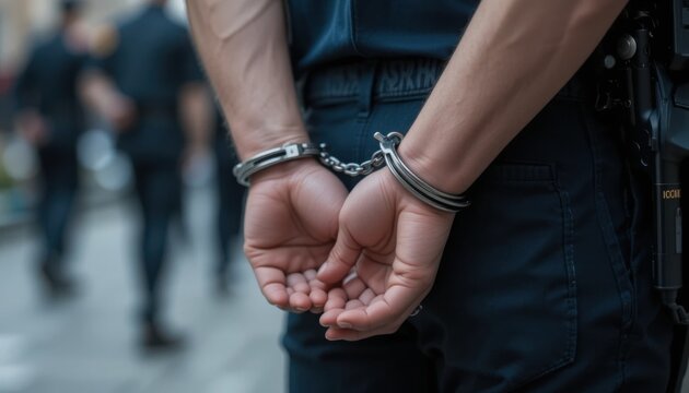 Rear view of arrested person in handcuffs