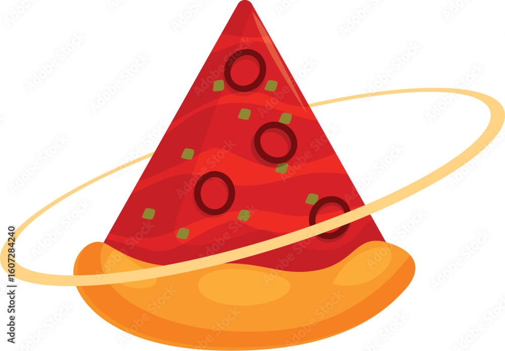 Poster delicious triangular slice of pizza spinning in space with a ring around it, resembling a planet