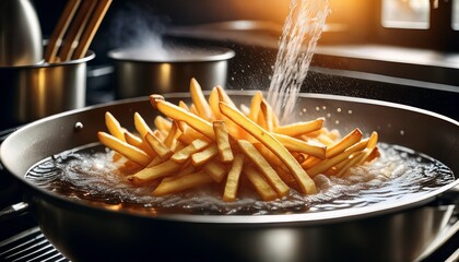 french fries being fried in boiling oil in a restaurant kitchen